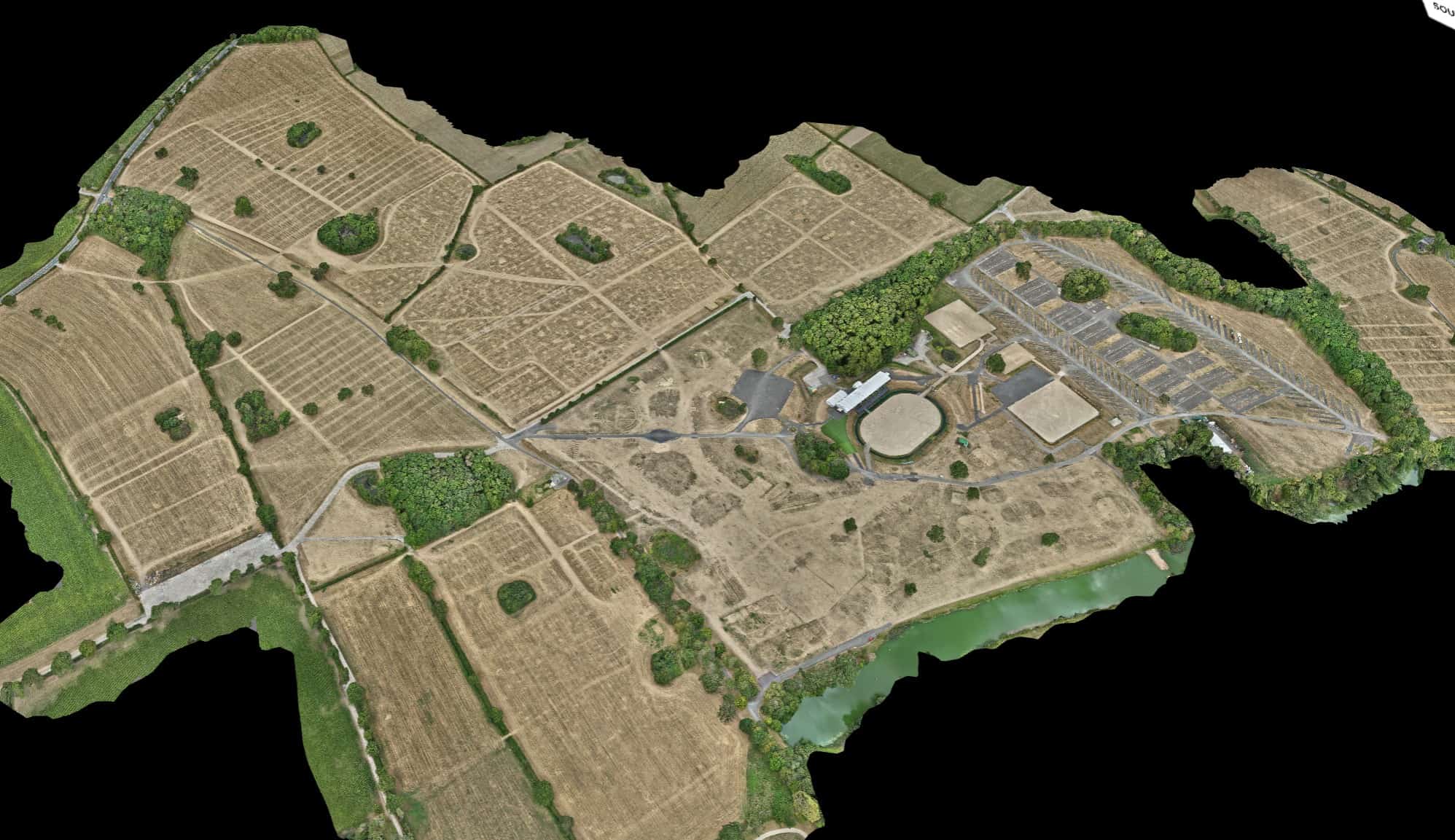 Aerial drone image of Bolesworth Estate with fields and buildings.